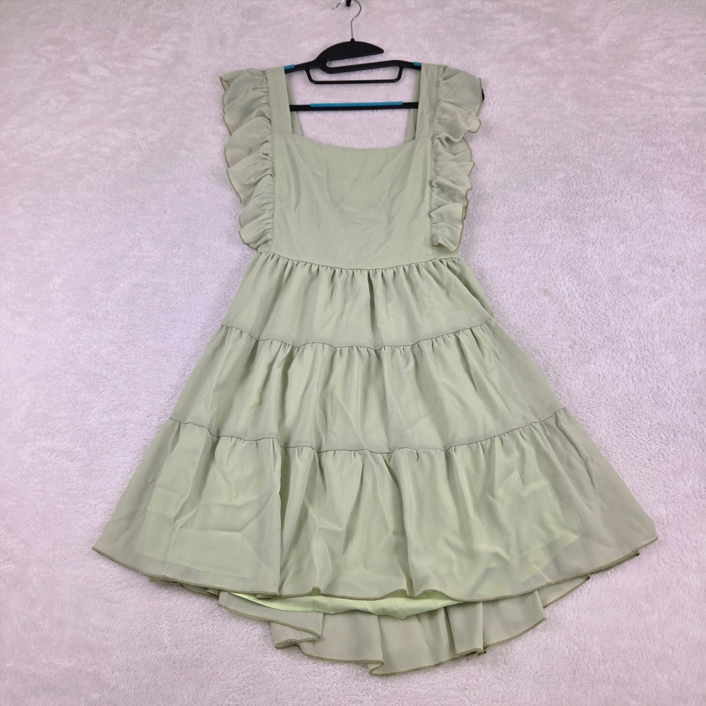 Sage Green Ruffle Tiered Mini Dress Open Tie Back Square Neck Fit Flare Skater